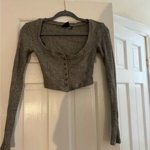 Gray Ribbed Button-Up Women's Top